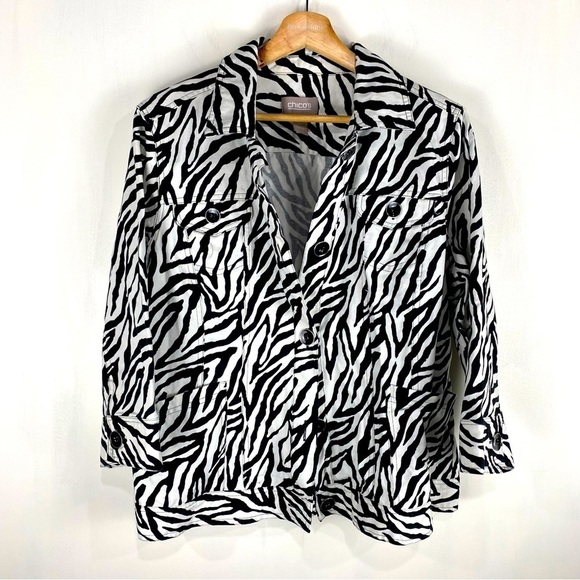 Chico's Zebra Print Printed Full Button Up Down Collar Jacket Size 2 (Large/12) - Picture 1 of 6